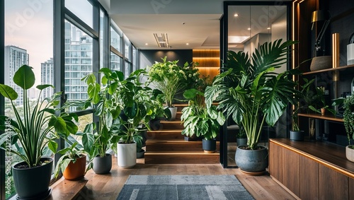 Plant-filled hallway with greenery leading to stairs and illuminated design elements.