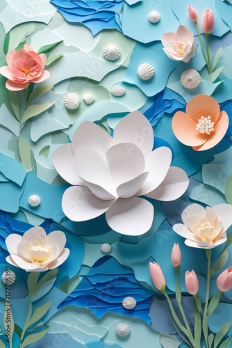 Top view of layered blue paper art with white flowers and tulip buds creating depth