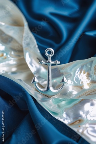 Polished Anchor on Swirling Mother-of-Pearl and Blue Silk in a Vertical Composition