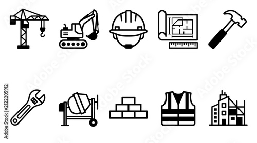 Construction equipment and building vector icon set including crane excavator helmet blueprint hammer and tools