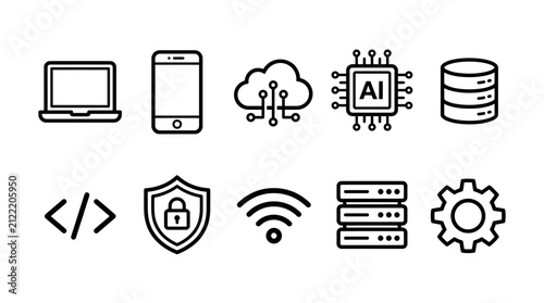 Set of minimalist technology and cloud computing vector line icons containing laptop, AI chip, database, wifi, security, and gear symbols