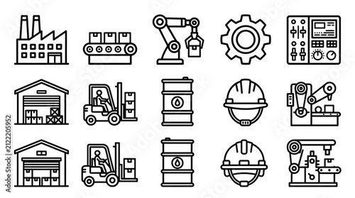 Industrial manufacturing and logistics vector icon set featuring factory, conveyor belt, robotic arm, warehouse, forklift, and helmet line icons