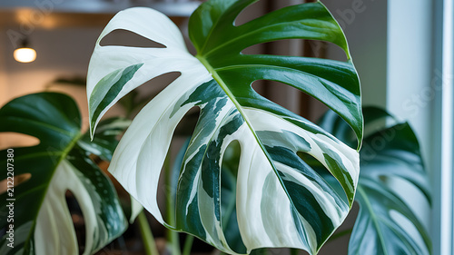 Beautiful variegated monstera plant leaf with white and green colors growing inside a bright modern home living room setting for interior decoration and houseplant lovers to enjoy daily