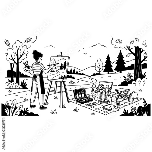 Woman artist painting landscape on canvas easel outdoors in nature with picnic line art illustration