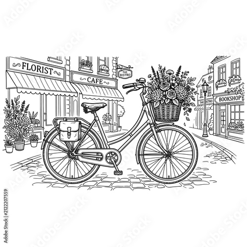 Vintage bicycle with flower basket on cobblestone street in front of florist cafe and shops line art illustration
