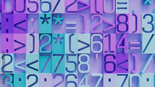 Dynamic Arrangement of Vibrant Geometric Shapes and Symbols in Purple, Blue, and Pink on Light Purple Background, Eye-Catching Abstract Art for Technology and Creative Design Projects