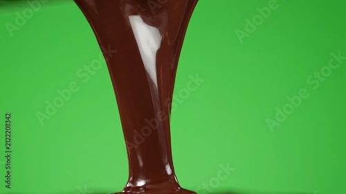 Thick, glossy melted chocolate dripping slowly on vibrant green background