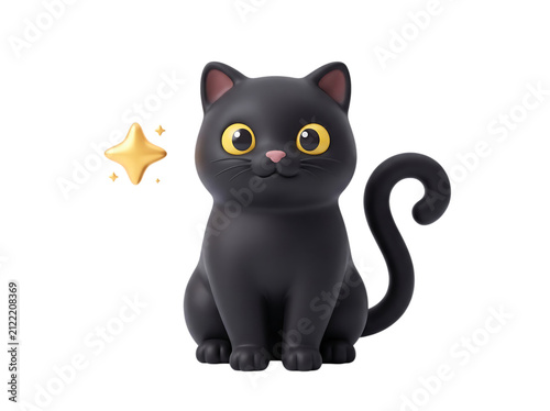 Cute 3D black cat isolated on transparent background PNG