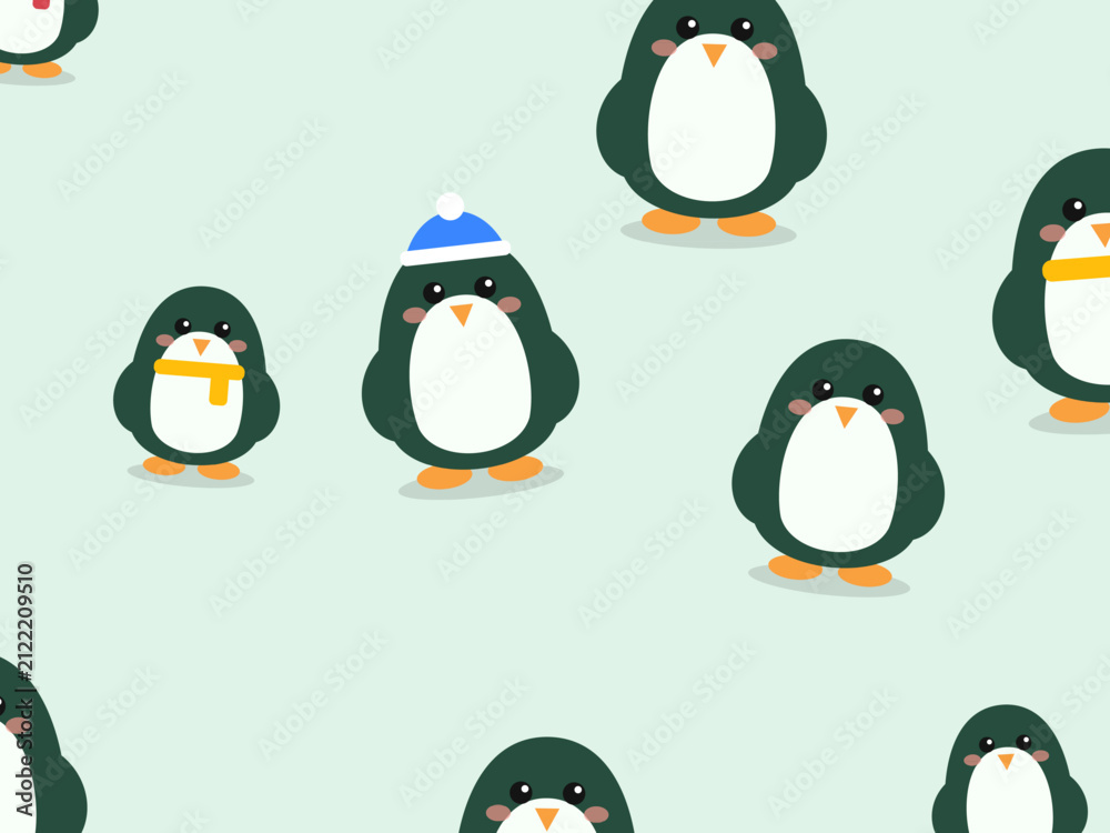 Obraz premium Scattered Cute Penguins Snow Background Vector