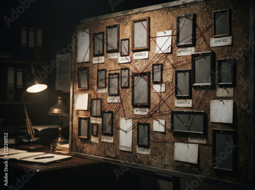 Empty headshot frames on a cork board with red thread. Detective investigation wall concept.