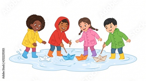 Diverse children playing with paper boats in rain. Kids in raincoats having fun in a puddle.