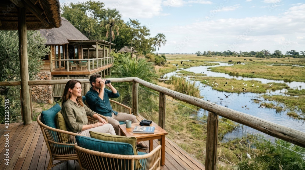 Obraz premium Couple enjoys safari wildlife viewing from luxury lodge balcony overlooking wetlands