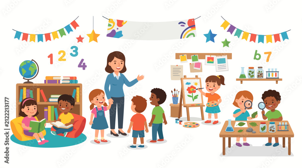 Fototapeta premium School open house promotional banner design featuring diverse children engaged in reading, science experiments, and art activities with a teacher in a vibrant classroom setting for educational events