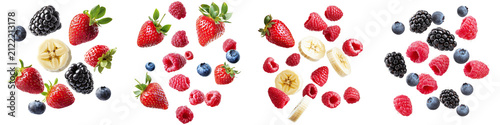 Set collection of falling fruit and berry slices: banana, strawberry, blackberry, blueberry, and raspberry, isolated on a transparent background PNG, template, mockup, cut out
