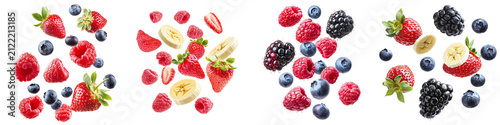 Set collection of falling fruit and berry slices: banana, strawberry, blackberry, blueberry, and raspberry, isolated on a transparent background PNG, template, mockup, cut out