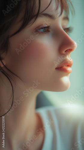 Close up profile portrait of thoughtful young woman looking into soft natural light