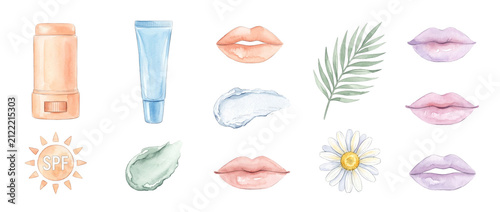 Watercolor lip balm skincare set featuring cosmetics tube, lip care balm stick, SPF sun protection icon, cream smears, daisy flower, and leaves isolated on black for beauty product design and wellness