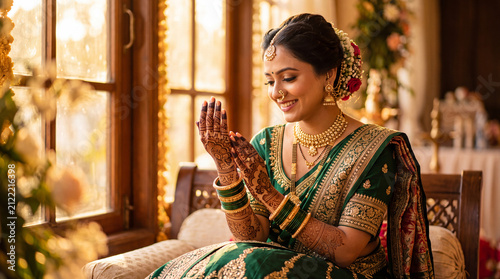 Indian bride admiring freshly applied bridal mehndi in natural light