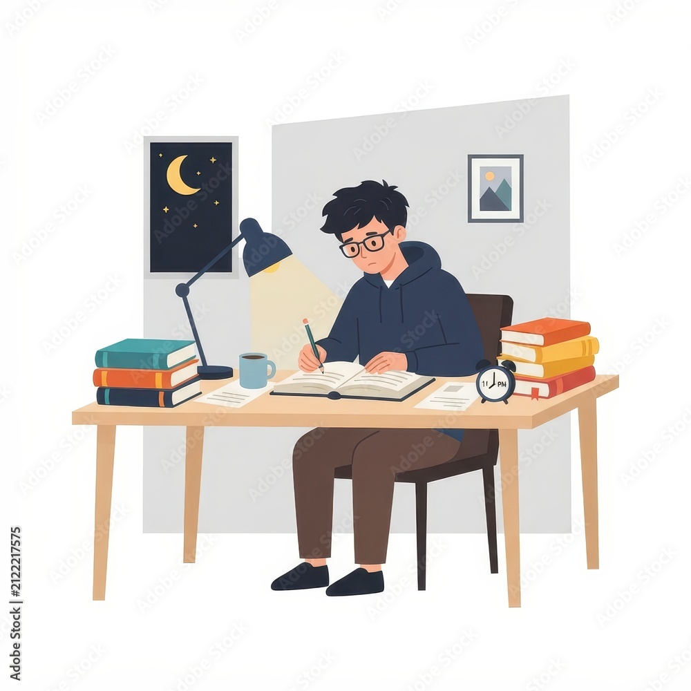 Fototapeta premium Student studying late at night at a desk