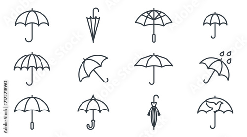 Collection of umbrella icons and illustrations for weather and rain themes. Set of line art umbrella symbols for design projects and weather icons.
