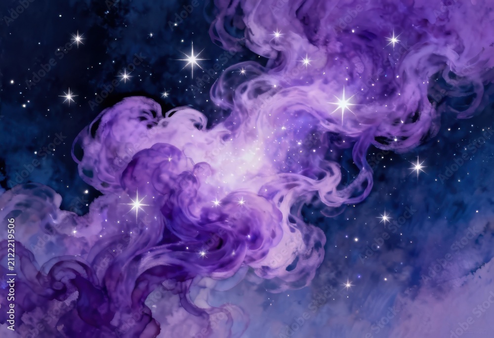 Fototapeta premium Vibrant purple watercolor galaxy nebula with glowing stars and space background