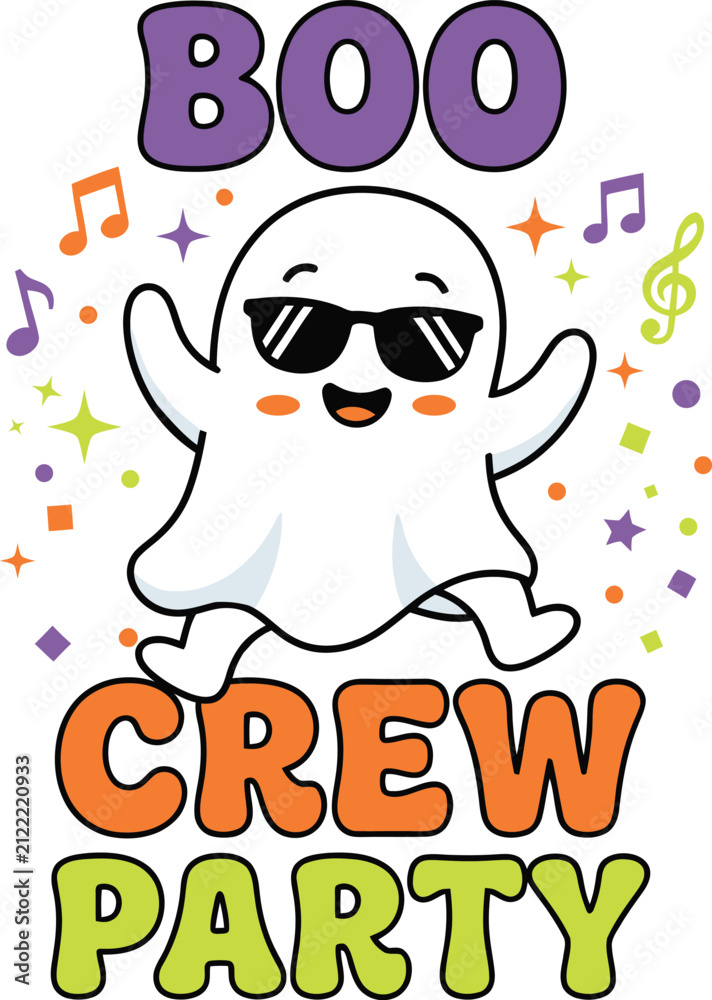 Naklejka premium Cute ghost wearing sunglasses dancing at a halloween party, boo crew party text design