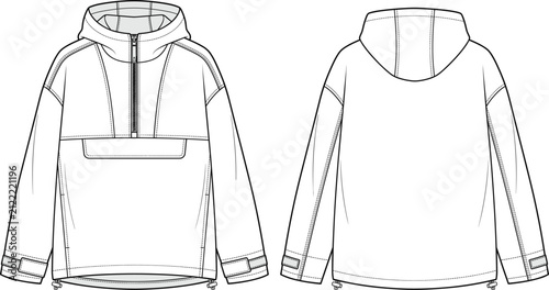 Women's Half Zip Hooded Anorak Jacket Technical Fashion Flat Sketch Front and Back View.