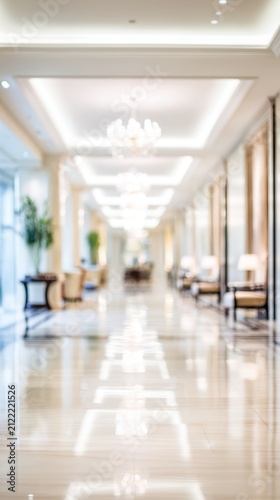 Stunning photo of blurred hotel or office building lobby blur background interior view toward reception hall modern luxury white room space with blurry corridor and building.