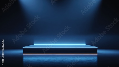 Stunning photo of dark blue stage podium 3d background product platform of empty scene presentation pedestal minimal showcase stand or abstract light show blank display and neon.
