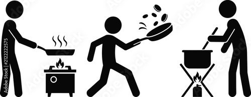 Set of black stick figure icons showing people cooking food in a kitchen using various pots and pans