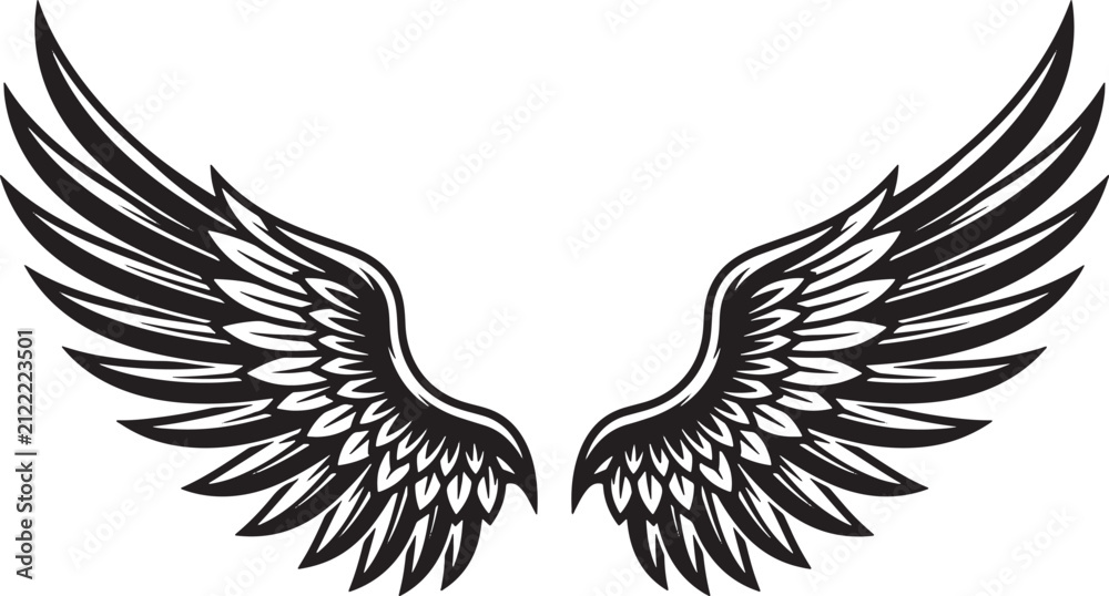Fototapeta premium Symmetrical black feathered wings spread wide in a heraldic style