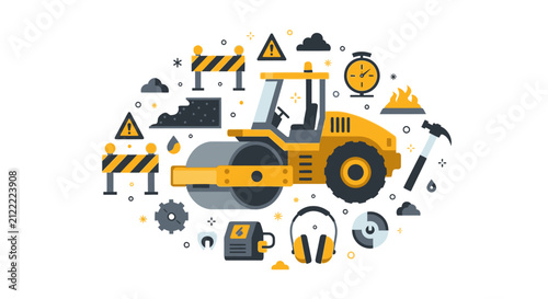 Flat Vector Illustration of a Road Roller with Construction and Safety Icons for Infrastructure Development and Roadwork Projects