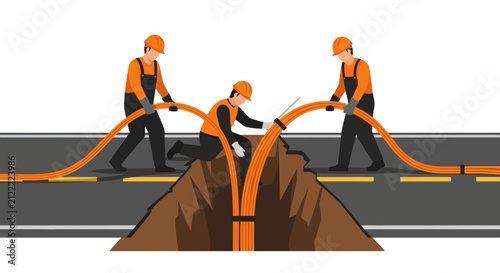Construction workers installing underground fiber optic cables in a road trench. Flat vector illustration of utility infrastructure and high-speed internet network deployment.