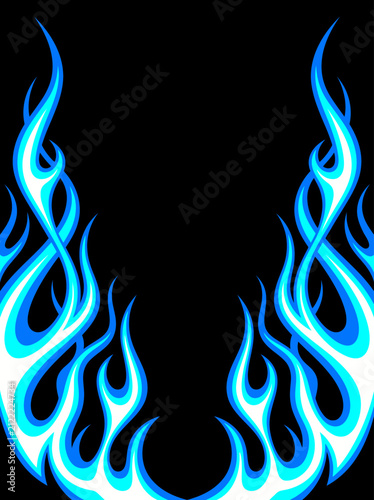 Symmetrical blue racing flames graphic on black background