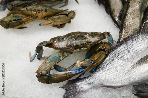 Fresh seafood displayed at a market with crabs and fish on ice