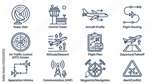 Air Traffic Management Vector Icon Set Featuring Aircraft Operations Navigation Control and Aviation Communication Elements
