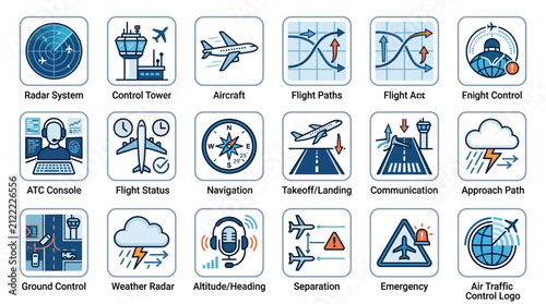 Set of Air Traffic Management Vector Icons for Aviation Operations and Flight Control Systems Navigation Symbols