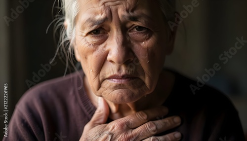 A poignant, close-up portrait of an elderly woman with deep facial wrinkles and gray hair. Her sad, thoughtful expression and the dark, moody background emphasize aging, wisdom, and life experience.