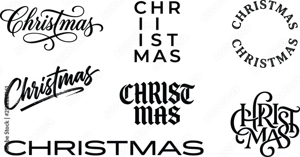 Obraz premium Collection of various christmas text typography designs in black ink for holiday card decorations