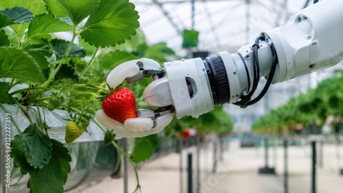 Robot arm harvesting strawberry in smart greenhouse agriculture photo