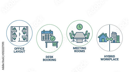 Workspace Management Vector Icons Depicting Modern Office Layout Desk Booking Meeting Rooms and Hybrid Workplace Concepts