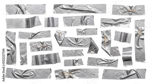 Photography Torn and wrinkled silver duct tape strips on white background