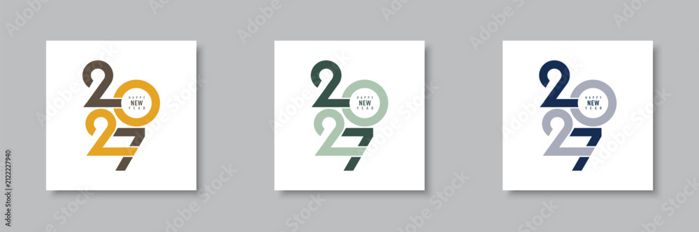 Obraz premium Set of minimalist 2027 New Year text designs. Design template for flyer, greeting card, celebration, and seasonal decoration. Holiday background design. 2027 calendar. Vector illustration.