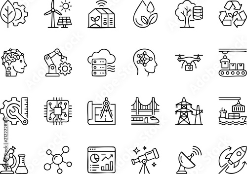 Fotografie Modern technology and scientific innovation linear icon set with technology inno