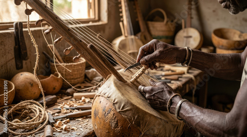 Artisan crafting a traditional stringed instrument in a workshop.