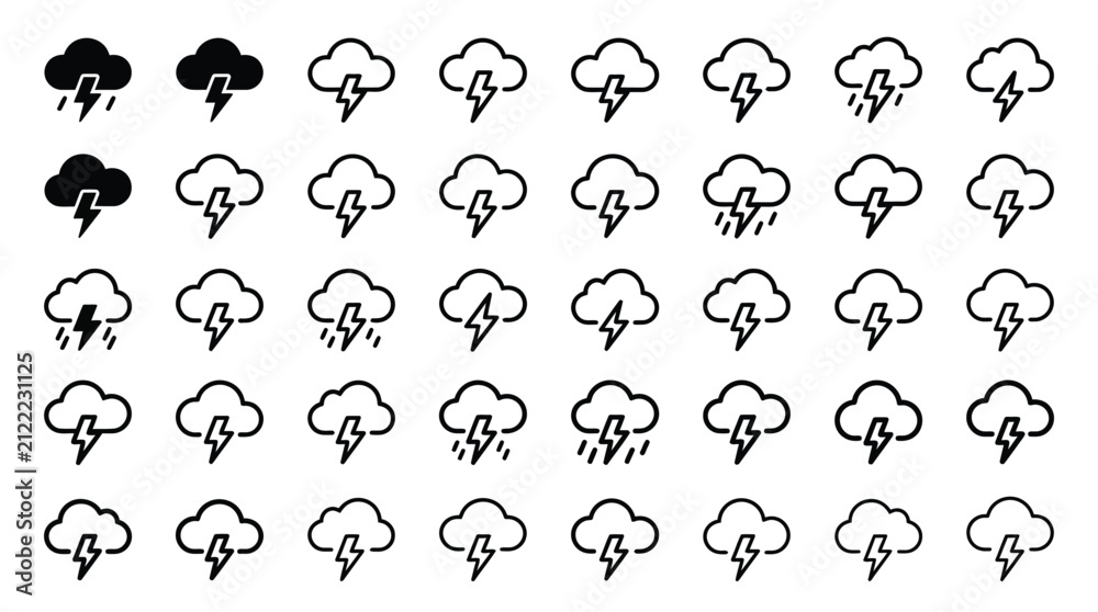 Fototapeta premium Thunderstorm and Lightning Weather Line Icons Vector Collection