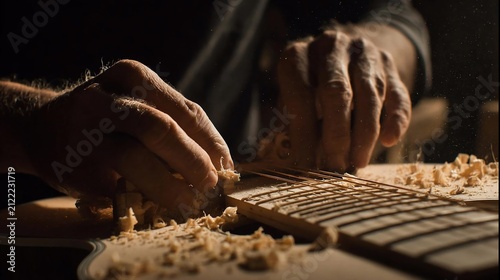 Artisan luthier carving and shaping a wooden acoustic guitar body with tools
