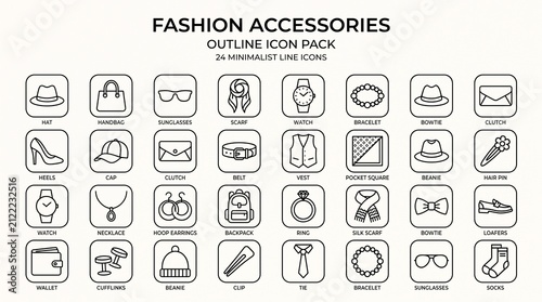 Fashion Accessories Outline Icon Pack – Minimal Line Style Vector Collection for Clothing, Jewelry and Style Essentials