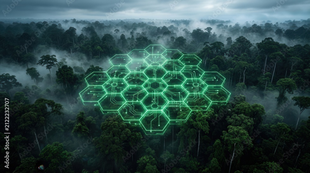 Obraz premium Aerial View of Lush Forest with Neon Green Honeycomb Grid Signifying Nature, An