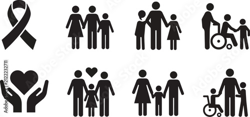 Set of black icons representing family support health awareness disability care and love for people in society
